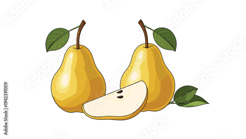 Two whole yellow pears and a fresh slice on a white background showing the fruit interior and seeds for food photography or grocery branding.