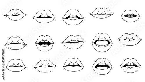 Collection of lip outlines showing different expressions like smiling, speaking, and pouting for beauty, makeup, and facial expression projects.