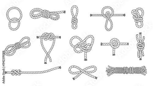 Detailed collection of various rope knots and lashings in black and white sketches for nautical, maritime, and scout training themed design projects.