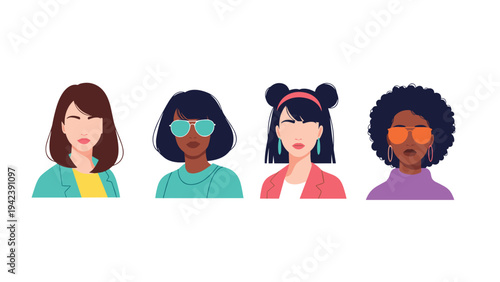 Avatars of four diverse women with different hairstyles, skin tones, and accessories representing inclusivity and modern female fashion styles.