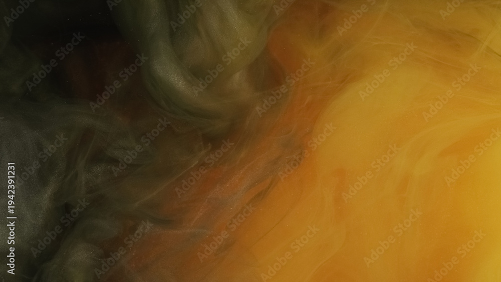 Naklejka premium Paint blend. Color haze pigment. Defocused orange green yellow glitter dye vapor cloud smoke spreading on abstract art background.