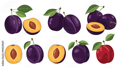 Collection of purple plums in various states including whole fruit and halves with seeds for a fresh and organic fruit theme in food design.
