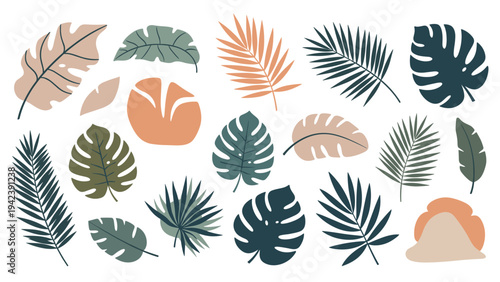 Large collection of diverse tropical leaf shapes in earthy and muted tones perfect for botanical designs, wallpapers, and organic branding projects.