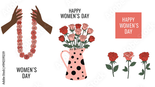Graphics for international women's day featuring hands with a rose garland, a vase of roses, and individual flowers to celebrate femininity.