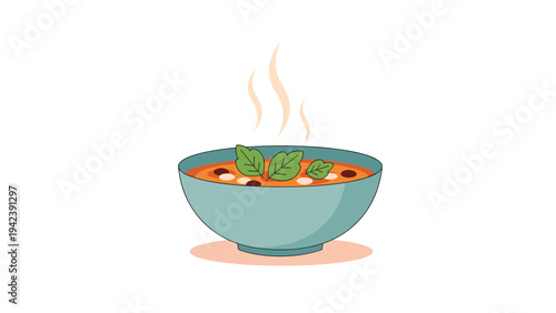Hearty bowl of steaming vegetable soup served in a blue ceramic dish with fresh green herb garnish on a clean white backdrop.