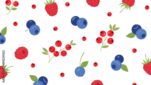 Fresh summer berry composition featuring scattered blueberries, raspberries, and red currants on a clean white background.