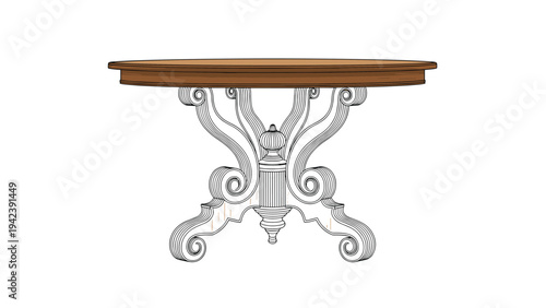 Classical wooden round dining table featuring an intricately carved white ornate pedestal base shown from a side view.