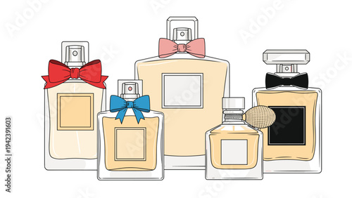 Set of elegant vintage perfume bottles in various shapes and sizes decorated with colorful bows and classic spray pumps.