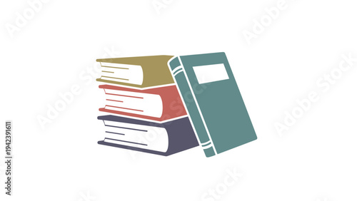 Simple illustration of a stack of three colorful hardcover books with one book leaning against the others on a white surface.