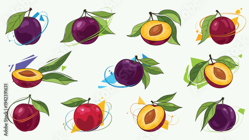 Artistic composition of whole and halved red plums with green leaves against a background of colorful geometric elements.