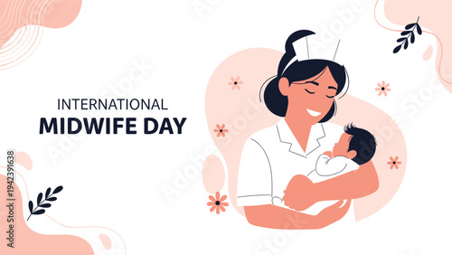 Female midwife in a professional white uniform cradles a newborn baby during the celebration of International Midwife Day against a decorative background.