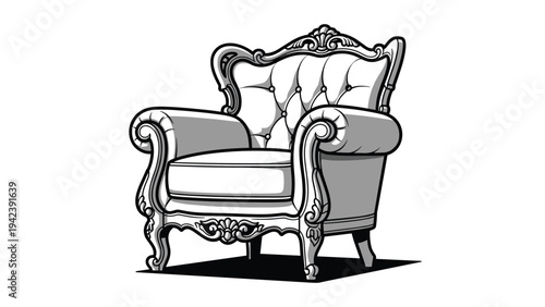 Elegant vintage armchair with ornate wood carvings and tufted upholstery is shown in a black and white illustration on a plain white background.