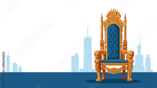 Golden royal throne with blue velvet upholstery stands majestically in front of a light blue silhouette of a modern city skyline with skyscrapers.