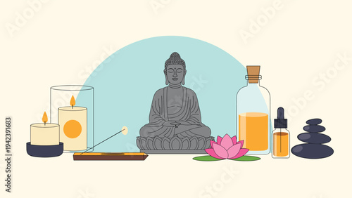 Serene meditation setting featuring a grey Buddha statue surrounded by lit candles, incense sticks, essential oil bottles, and a pink lotus flower.