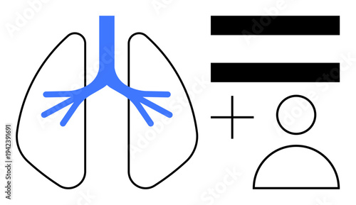 Abstract lungs with stylized blue bronchial tree, bold equal sign, and person figure. Ideal for health, anatomy, equality, medicine, unity healthcare personal well-being conceptual themes. Simple