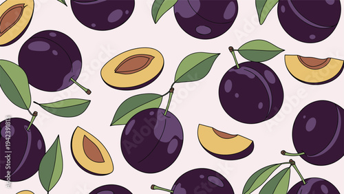 Vibrant pattern showing whole purple plums with green leaves and yellow sliced halves with pits scattered on a soft pink background.