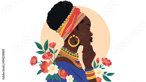Beautiful profile of a Black woman wearing a traditional colorful headwrap, earrings, and necklace surrounded by blooming pink and white flowers.
