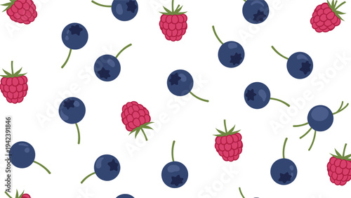 Fresh seamless pattern featuring dark blue blueberries and ripe pink raspberries scattered across a clean white background for a summer feel.