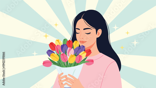 Young woman with long dark hair holds a large bouquet of colorful tulips and closes her eyes to enjoy their fresh fragrance in a sunny setting.