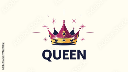Detailed royal crown illustration with a purple cushion and golden frame featuring sparkling stars and the bold word QUEEN below it.