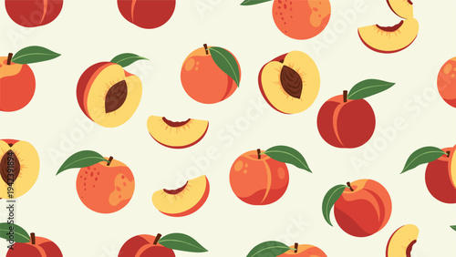 Colorful seamless pattern showing whole ripe peaches with green leaves and sliced peach sections arranged over a light cream background.