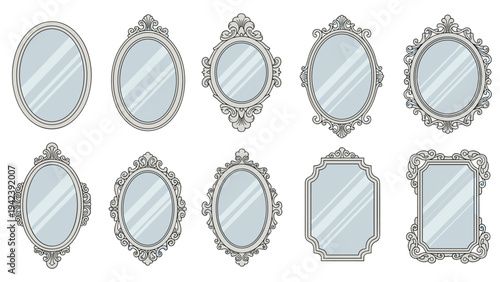 Collection of ten different ornate oval and rectangular mirror frames with intricate carvings shown in a light grey color on a white background.