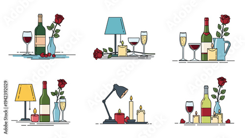 Six romantic still life vignettes featuring wine bottles, wine glasses, lit candles, red roses, and table lamps on a white background.