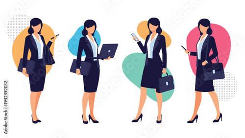 Collection of business woman characters in various professional poses with a laptop, smartphone, and briefcase on abstract backgrounds.