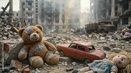 Abandoned toys amidst the ruins of war, a poignant symbol of lost childhood and the tragic impact of conflict on innocent lives, highlighting humanitarian concerns