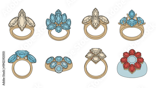 Luxurious collection of gold rings featuring various diamond and blue gemstone settings in elegant and unique designs for jewelry lovers.