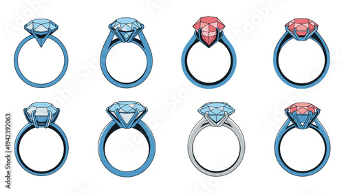 Elegant set of diamond engagement rings in side profile view featuring various cuts of blue and pink gemstones on blue and silver bands.
