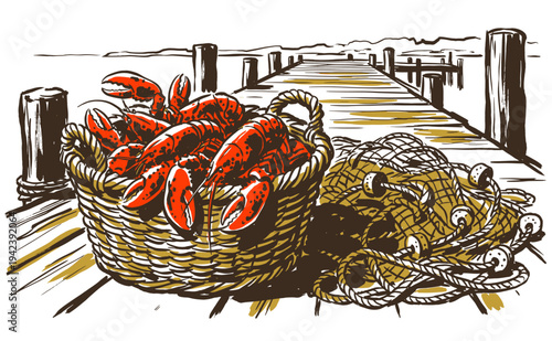 Eat well live well. Lobster local farm. Red Lobster vintage t-shirt design. Organic seafood catch. Lobster seafood artwork for t shirt print, poster, 