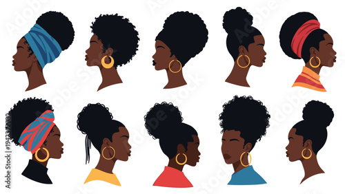 Beautiful silhouettes of Black women featuring a variety of natural hairstyles, headwraps, and elegant gold hoop earrings in profile view.
