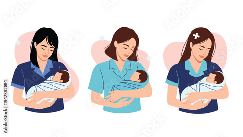 Caring medical professionals or mothers gently cradling newborn infants wrapped in blankets against soft pink and blue abstract backdrops.