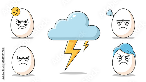 Humorous set of angry egg characters surrounding a storm cloud with a lightning bolt representing bad moods and frustration in cartoon style.