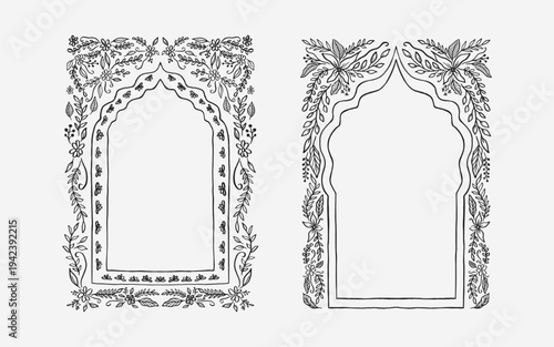Arch floral border. mughal floral line art and silhouette style. vector illustration for invitation, poster or greeting