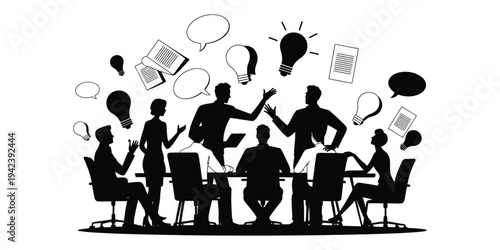 Business Team Brainstorming Ideas For Project Development, Teamwork Communication And Collaboration Concept. Pure Black And White Silhouette Office Professionals Discussing 