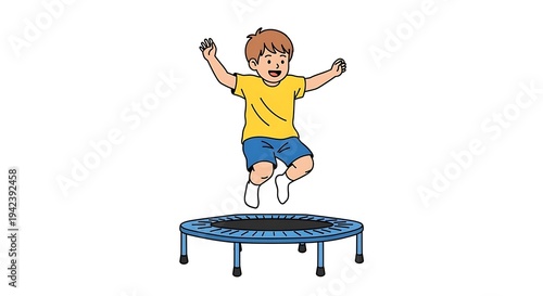 Happy boy jumping on trampoline with joy and excitement