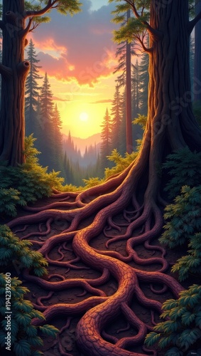 A vibrant sunset illuminates a forest path, roots exposed in the foreground leading towards distant mountains