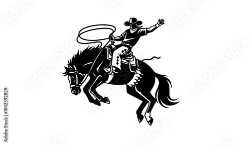 Black and white cowboy riding bucking horse rodeo vector silhouette western cowboy action illustration