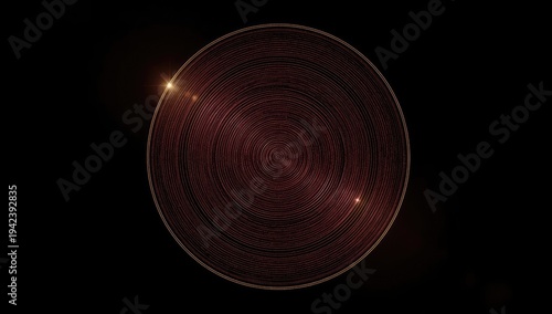 A mesmerizing circular composition featuring a detailed, textured, deep red surface with concentric rings, enhanced with golden light flares on a black backdrop.