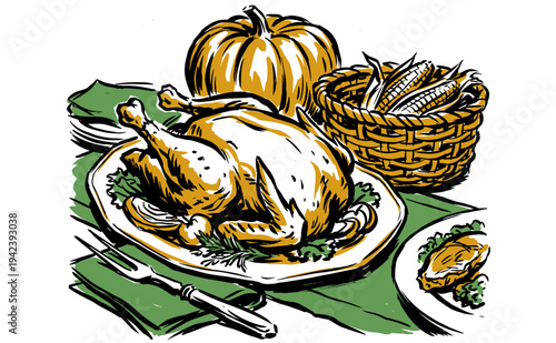 Food club artwork for t shirt print, poster, sticker and other uses. Roasted turkey, pumpkin, corn, vector artwork
