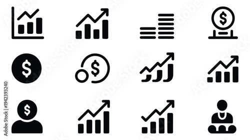 Business finance silhouette logos and icons featuring graphs charts and dollar signs on white background, illustrating corporate analytics