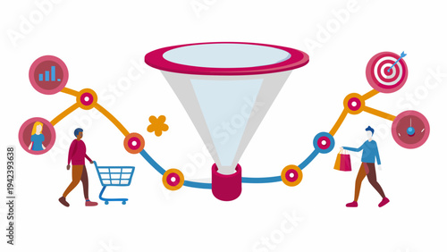 Customers flowing through sales funnel to target
