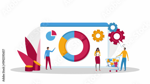People analyzing colorful business charts and graphs together