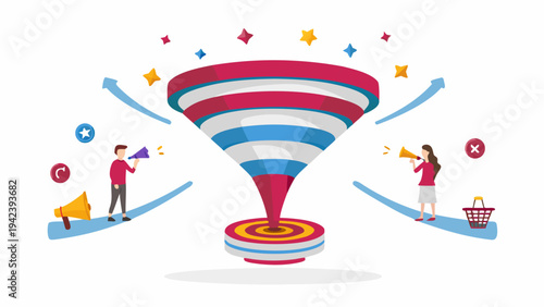 Marketing strategy concept with funnel and megaphones