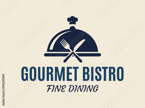 The image showcases a simple yet elegant gourmet bistro logo, emphasizing fine dining with a cloche and utensils, ideal for upscale restaurants or culinary events.