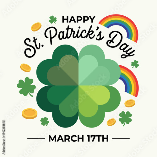 Celebrate St. Patrick's Day with this vibrant and festive design showcasing a green clover, rainbows, coins, and joyful elements representing Irish culture and joy.
