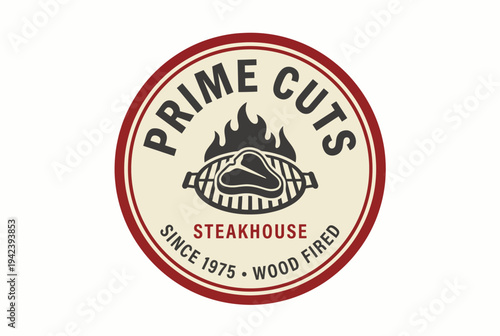 An eye-catching logo design typical for steakhouses, showcasing a grilled steak surrounded by flames, symbolizing high quality prime cuts and wood-fired cooking.
