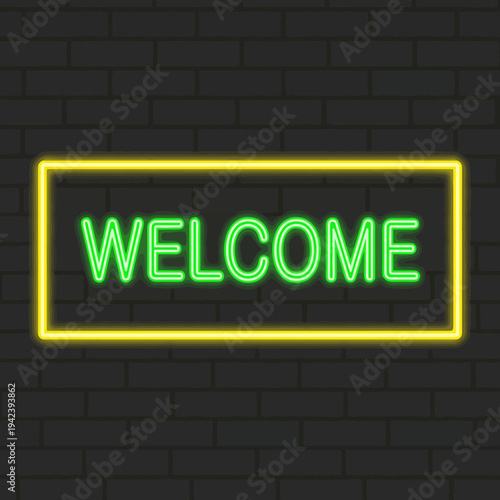 A vibrant neon welcome sign glows on a dark brick wall, ideal for creating inviting and lively atmospheres in cafes, restaurants, and other businesses aiming for a warm welcome.